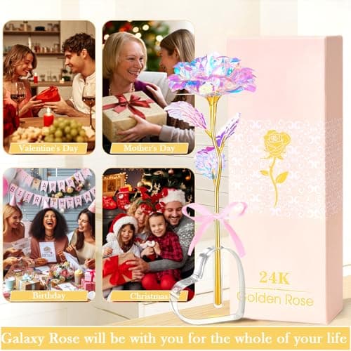 Beferr Gifts for Women Mom Galaxy Rose Glass Crystal Flowers with Heart-Shaped Base Eternal Roses Forever Flowers Mother's Birthday Gifts for Grandma Daughters Wife Sister Kids