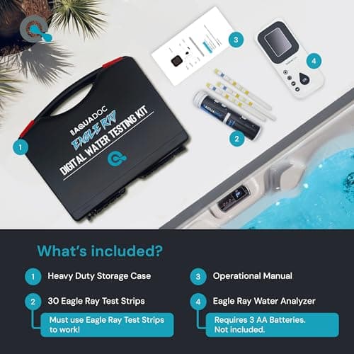 Eagle Ray Digital Water Testing Kit for Spa & Pool - Digital Hot Tub Water Tester by AquaDoc with Analyzer & Hot Tub Test Strips for Chlorine, Bromine, Total Hardness, pH and More