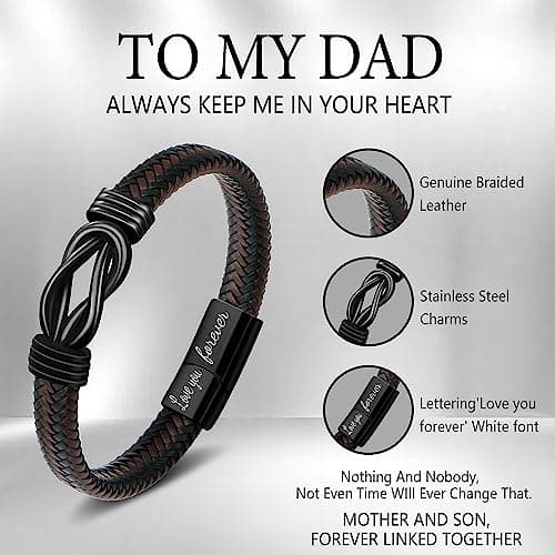 𝗞𝗻𝗼𝘁 𝗕𝗿𝗮𝗰𝗲𝗹𝗲𝘁 𝗚𝗶𝗳𝘁𝘀 𝗳𝗼𝗿 𝗠𝗲𝗻 Brown Braided Leather Stainless Steel Infinity Bracelets Lettering Love You Forever Gifts for Son Grandson Husband Boyfriend Brother Always Linked Together