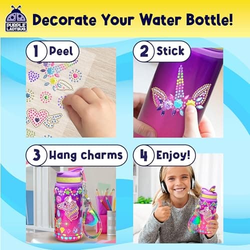 PURPLE LADYBUG Decorate Your Own Water Bottle Kit for Girls - Gifts for Ages 5 6 7 8 9 10 Year Old Girl Birthday, Girl Christmas Gifts Unicorn Toys Crafts Kids Ages 6-12
