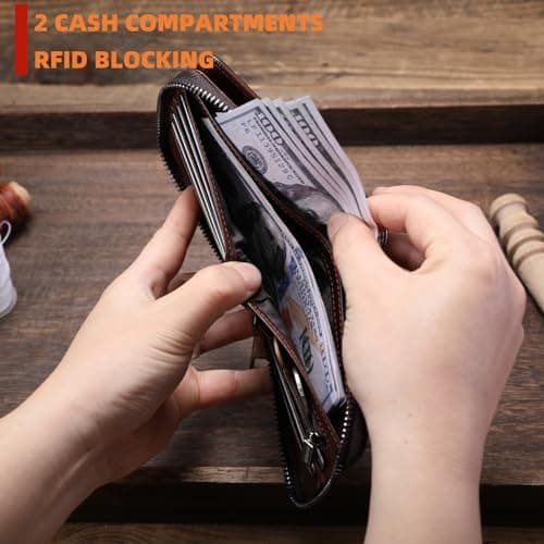 BULLCAPTAIN Genuine Leather Men's Wallet with Zipper Vintage RFID Blocking Large Capacity Wallet for Men with 14 Credit Card Slots and 1 ID Window T23 (Coffee)