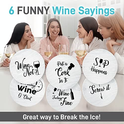 Coasters for Drinks Absorbents with Holder - 6 Pcs Gift Set with 6 Funny Sayings for Wine Lovers - Ceramic Stone with Corked Back, Unique Present for Housewarming, Living Room Decor