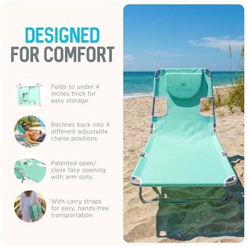 Ostrich the Original Chaise 72 x 22 Inch Lounge Portable Reclining Lounger, Outdoor Patio, Beach, Lawn, Camping, or Pool Tanning Chair, Teal