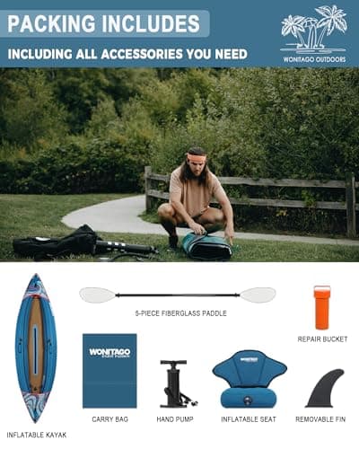 Inflatable Kayak, Portable Ripstop Oxford Cloth Recreational Touring Kayak with Fiberglass Kayak Paddle, Hand Pump and Carrying Bag, 1/2 Person