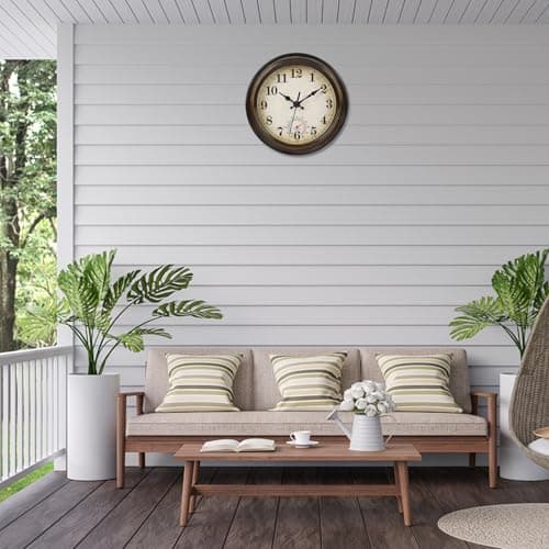 Horizent Outdoor Clocks Waterproof with Thermometer Combo Vintage Rustic Wall Clock for Patio Pool Bathroom Kitchen(8 Inch,Bronze)