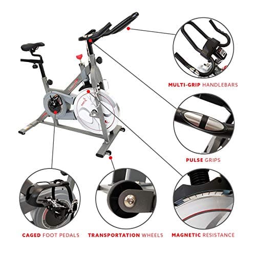 Sunny Health & Fitness Indoor Cycling Exercise Bike w/Pulse Sensors & 4-Way Adjustable Seat, Stationary Home Cardio Training Machine w/Micro-Adjustable Magnetic Resistance for Intensive Cardio Session