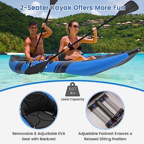 Goplus Tandem Inflatable Kayak, 12.5FT 2-Person Kayak for Adults w/507 LBS Weight Capacity, 2 Aluminium Oars, Padded Seat, 2 Fins, Hand Pump, Carry Bag, Repair Kit, Portable Touring Kayaks