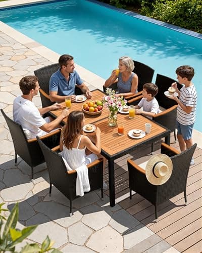 Flamaker 7 Piece Patio Dining Set Outdoor Acacia Wood Table and Chairs with Soft Cushions Wicker Patio Furniture for Deck, Backyard, Garden