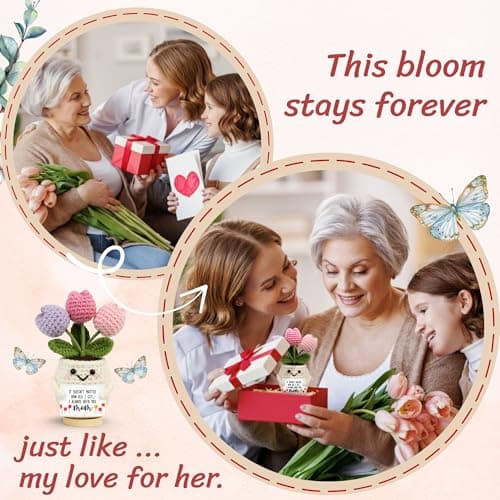 Gifts for Mom from Daughter Son - Cute Christmas, Mothers Day, Birthday Gifts for Moms - 5.51'' x 4.13'' Knitted Positive Tulip Flowers Mom Crochet Doll