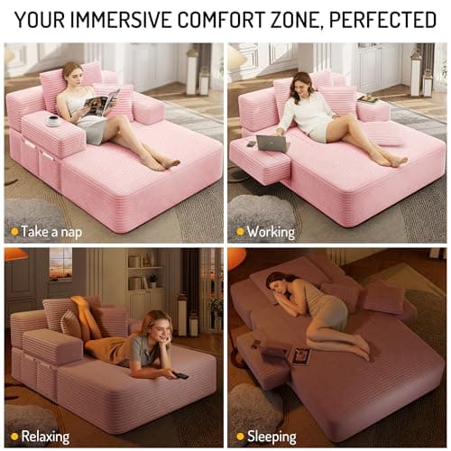 2 in 1 Corduroy Chaise Lounge Chair Indoor, 60'' Oversized Boneless Sofa Chaise Lounge with Pocket, Plush Cozy Deep Seat Couch Chair for Living Room, Bedroom, Small Spaces, RV (Pink)
