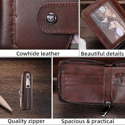 BULLCAPTAIN Genuine Leather Men's Wallet with Zipper Vintage RFID Blocking Large Capacity Wallet for Men with 14 Credit Card Slots and 1 ID Window T23 (Coffee)