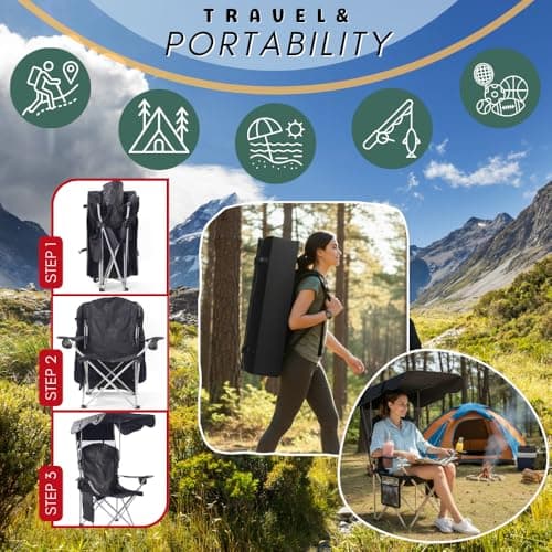 Portable Folding Camping Chairs with Canopy Shade, Beach Chair for Adults, Durable Weather Resistant 600D Oxford Cloth, Camping Chair with Canopy for Outdoors [Black]