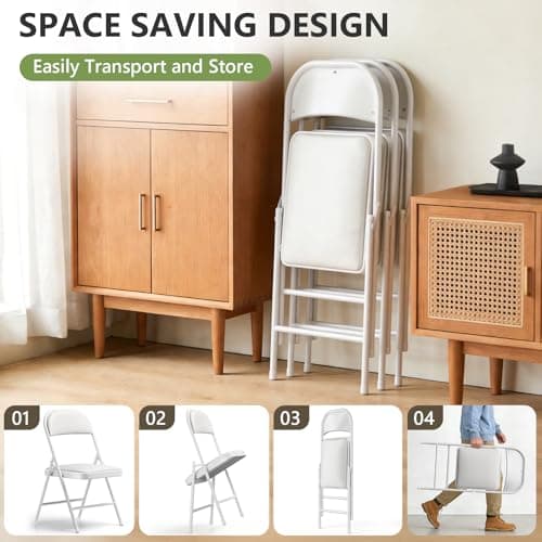 Folding Dining Chairs Set of 2 - Modern PU Leather Folding Chairs with Cushion Seat & Back Metal Legs Kitchen Chairs Folding Chair Set for Kitchen/Living Room/Bedroom/Parties (White)