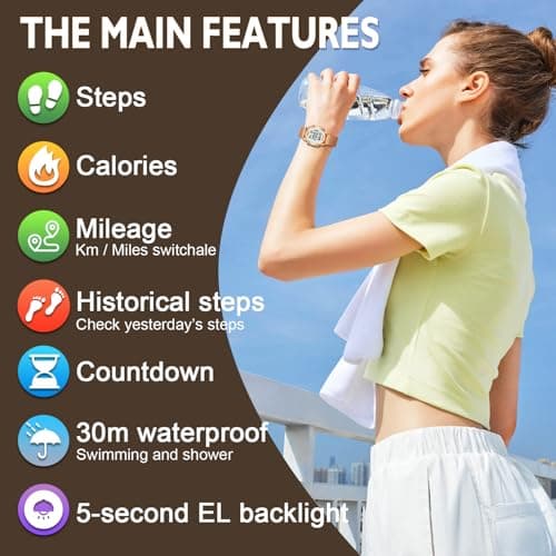 Women's Step Counter Pedometer Watch with Stainless Steel Bracelet, Stylish Design, No App, No Charging Needed for Step, Calorie, Distance, Alarm, Countdown Timer,TU-2401