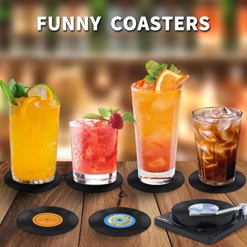 Funny Retro Record Coasters for Drinks with Vinyl Player Holder for Music Lovers,Set of 6 Conversation Piece Sayings Drink Coaster,Housewarming Hostess Wedding Registry Gift Ideas