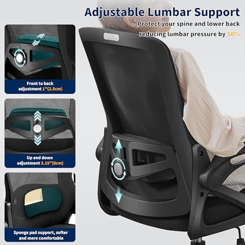Ergonomic Office Chair, Desk Chair with Adjustable Lumbar Support, Breathable Mesh Comfy Computer Chairs with Flip-up Armrests Executive Task Chair for Adults Home Office(Black)
