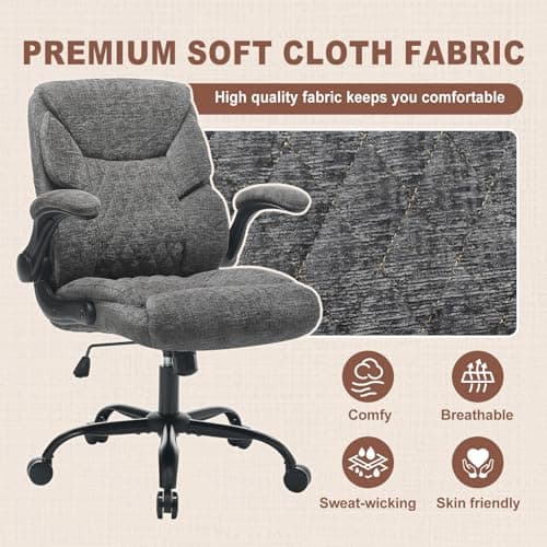 Cloth Office Chair Mid Back Ergonomic Computer Chair Comfortable Fabric Padded Home Office Desk Chairs with Flip-up Arm Rest Adjustable Height Swivel Wheels for Short People Use | Grey