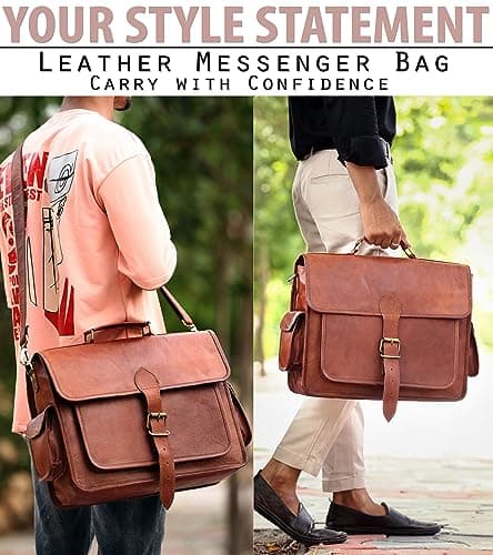 ANUENT Genuine Brown Leather Laptop Messenger Bag for Men and Women | Rugged Leather Satchel | Professional Business Briefcase | Crossbody Computer Bag
