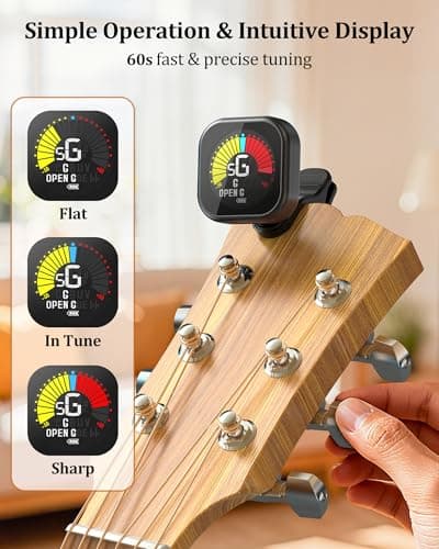 New Bee Guitar Tuner Clip-On Rechargeable with Color Screen 360° Rotatable Acoustic Chromatic Open Tuning for Guitar, Bass, Ukulele, Violin, Cello(Black, 1 Pack)