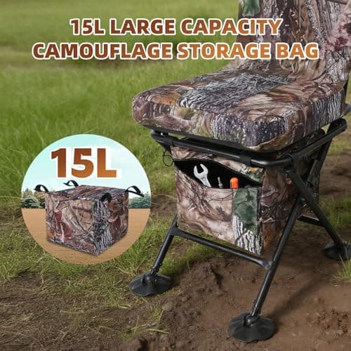 FUNHORUN Hunting Chair with Storage Bag, 360 Degree Silent Swivel Hunting Seat, Camouflage Foldable Ground Blind Chair, Tool-Free Padded Cushion Portable Seat, Lightweight