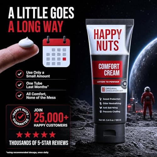 HAPPY NUTS Comfort Cream Deodorant For Men: Anti-Chafing Sweat Defense, Odor Control, Aluminum-Free Mens Deodorant & Travel Essential for Men's Private Parts 3.4 fl oz (Original)