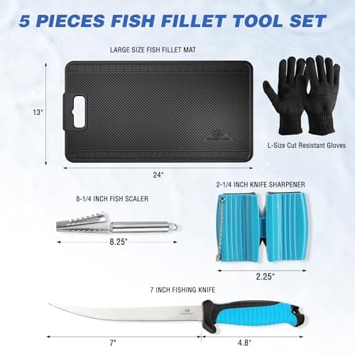 Mossy Oak Fish Fillet Knife Set, 5 PCS Fish Cleaning Kit Includes 7" Fishing Knife, Non-Slip Fish Fillet Mat, Knife Sharpener, Fish Scaler Remover and Cut Resistant Gloves, Fishing Accessories Gifts