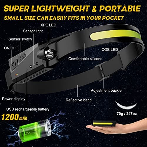 LED Headlamp, 2 Pack Rechargeable Flashlight for Adults, 230 Wide Beam Headlight, Motion Sensor Head Lamp, Adjustable Headband Outdoor Waterproof Head Light for Running, Camping, Hiking