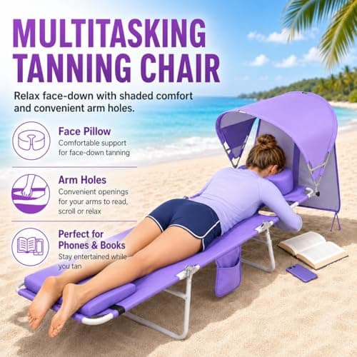 Backpack Beach Tanning Lounge Chair with Canopy Shade Face Hole Padded Adjustable Washable, 6 Position Layout Chair for Outside Sunbathing Poolside Lawn, UPF 50+ Wind-Resistant Sun Shade, Patented