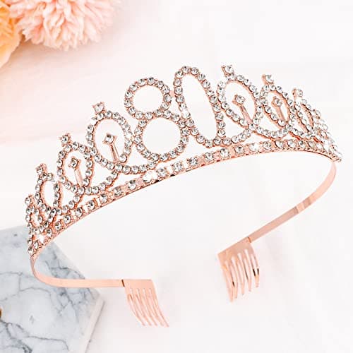 CIEHER 80th Birthday Crown + Sash + Pearl Pin Set, Elegant Gift for Women's 80th Birthday Party Decorations