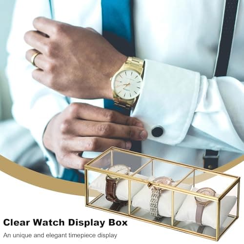 JUXYES JUXYES Clear Glass Watch Display Case with 3 Slots, Luxury Brass Glass Watch Organizer Holder Stand with White Watch Pillow, Modern Transparent Watch Collection Box for Men and Women, Gold