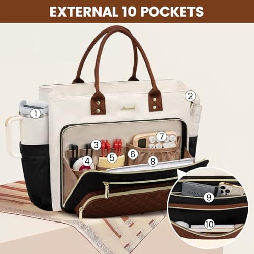 LOVEVOOK Teacher Tote Bag for Women Work, Laptop Bag With Large Cup Holder, Nurse Bags Professional Briefcase Business Computer Purses Bible Handbag Gifts, Black-Beige-Brown, 15.6 Inch B0DTDWKCCF