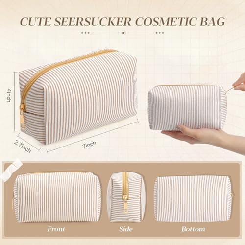 Makeup Bags Women Pouch, Large Preppy Storage Toiletry Travel Pouch for Wedding Bridesmaid Bride Favor Back to Teacher Gift Sanwuta 6 Pcs Seersucker Cosmetic Bags Bulk, Striped Zippered,Khaki B0FXMF4P4J