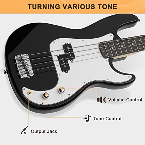 GLARRY Full Size Electric Bass Guitar Beginner Kit 4 String Exquisite Basswood Bass with 20W AMP, Cable, Strap, Bag and Accessories (Black, 39"Right Handed)