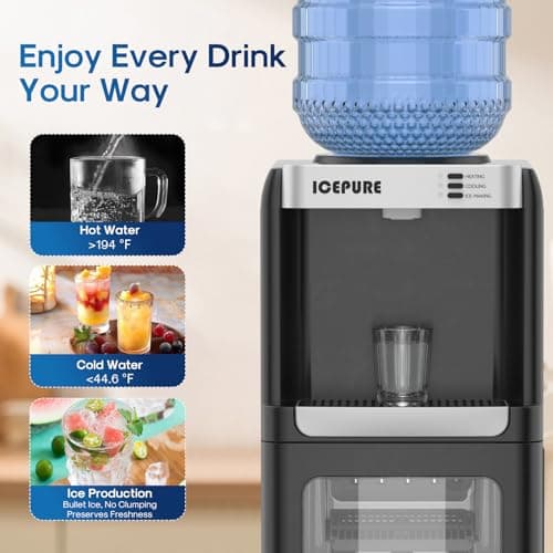 ICEPURE Water Cooler Dispenser with Build-in Ice Maker, Hot and Cold Water Dispenser with Bullet Ice Maker, 33lbs/24H, Child-Lock,Top Loading