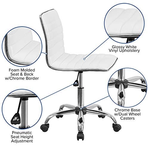 Flash Furniture Alan Low-Back Ribbed Upholstered Vinyl Swivel Desk Chair with Padded Seat, Modern Adjustable Height Padded Office Chair, White