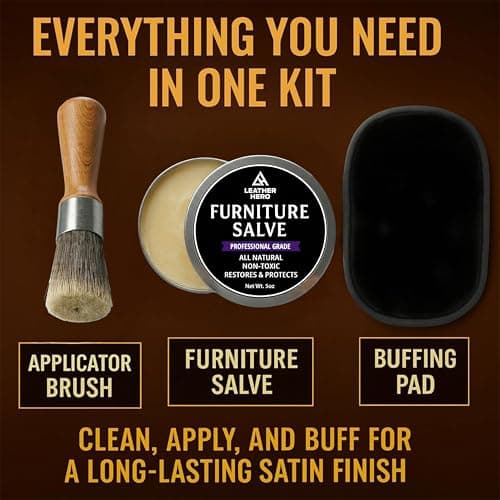 3-in-1 Furniture Salve for Leather & Wood – Polisher, Conditioner, & Restorer for Couches and Furniture- Leather Repair Salve with Brush & Buffing Pad- 5oz