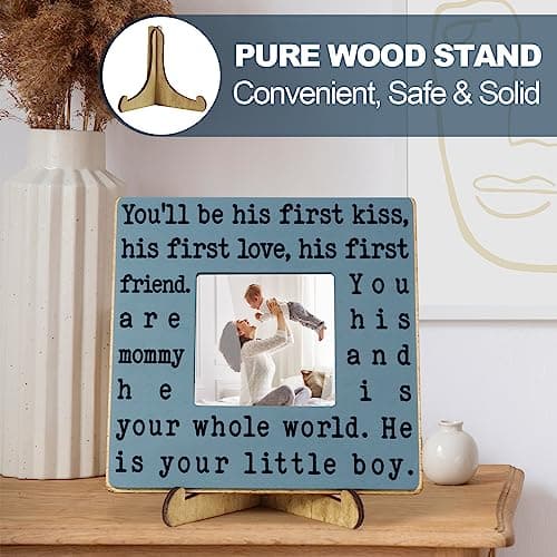 New Mom Gifts for Women, Mothers Day Gifts from Son | Boy Mom Picture Frame, Sentimental Birthday Gift for Mom | Fits 4x4 Photo, Rustic Farmhouse Home & Desk Decor