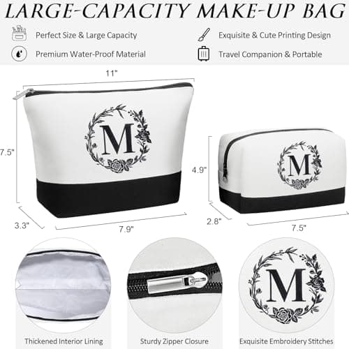 Personalized Christmas Gifts for Women, Initial Canvas Tote Bag & Makeup Bag Monogrammed Beach Tote Bags for Women w/Zipper, Birthday Gifts for Mom Her Sister Friend Girlfriend Wife Daughter Teacher