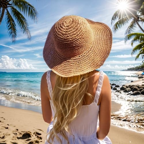 Askljeby Floppy Big Beach Straw Hats for Women Foldable Summer Wide Brim Packable Sun Hat Womens Travel Straw Fedora Hat