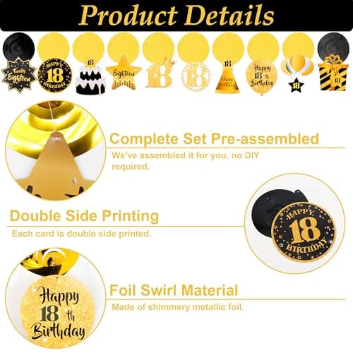 Black&Gold 18th Birthday Decorations for Boys Girls Happy 18th Birthday Decorations for Men Women Pre-Strung Time to Adult Banner and Hanging Swirls 18 Years Old Party Supplies
