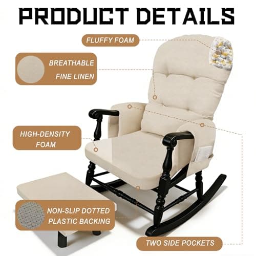 Glider Rocker Replacement Cushion Set with Storage Pockets Breathable Fine Linen Fabric & High-Resilience Foam Non-Slip Back Rocking Chair Cushion for Living Room Rocking Chair(Beige)