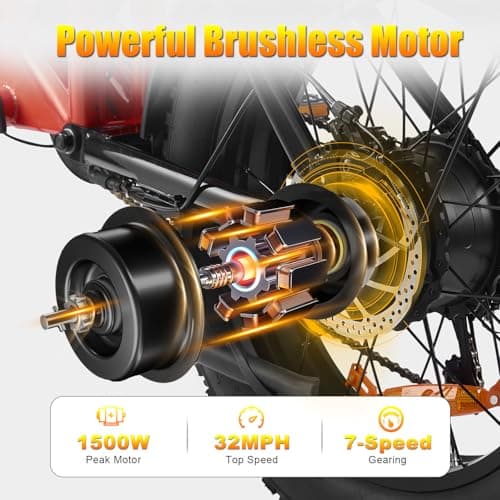 HAPPYRUN 1500W Electric Bike for Adults, 48V 18Ah Removable Battery, 20" Fat Tire E-Bike, 32MPH & 68+ Miles Range, 7-Speed Transmission, All-Terrain Mountain Ebike for Men & Women (Orange-red)