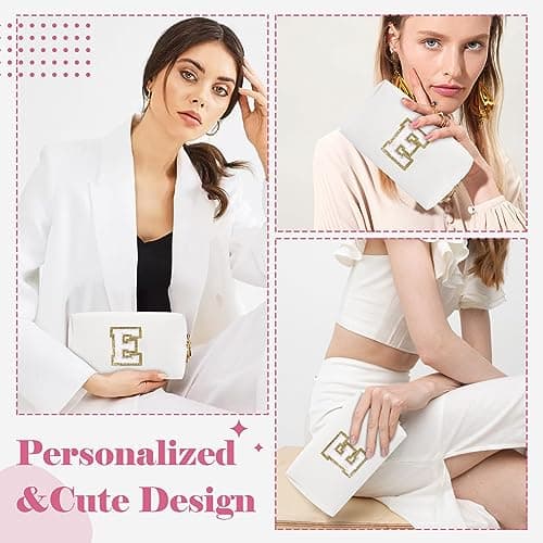 Small Personalized Initial A-Z Preppy Patch Makeup Bag,White PU Chenille Letter Travel Cosmetic Pouch with Zipper,Cute Toiletry Bag,Gift Ideal for Teen Girls Women Teacher Bridesmaid,Letter E