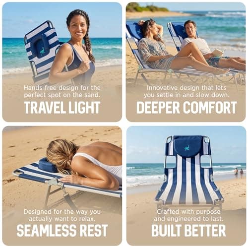 Ostrich The Original Chaise Lounge Portable Reclining Beach Chair, Blue Stripe - Bundled with Custom Fitted Towel Cover, White
