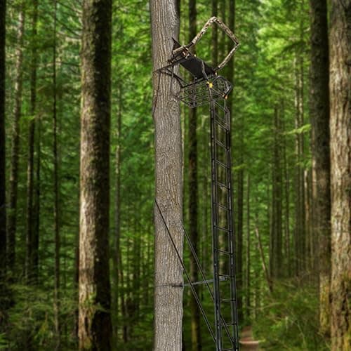 MUDDY 1-Person Huntsman Deluxe Steel Ladder Tree Stand, 17 ft Tall, 300 lb Capacity - Heavy-Duty Hunting Treestand with Lumbar Support Seat, Flip-Back Adjustable Shooting Rail & Silencer Technology