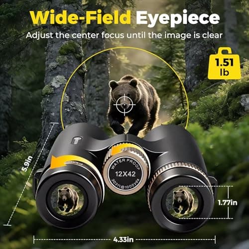 12x42 UHD Binoculars for Adults High Powered Waterproof Large View with Clear Vision & Compact Binocular Essentials for Hunting Camping Cruise Travel Bird Watching Sports