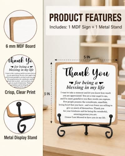 Thank You Gifts for Women Men Friends Mom, Thank You for Being A Blessing in My Life Wooden Plaque with Stand, Thanksgiving Day Gifts for Family Member Desk Decor - B75