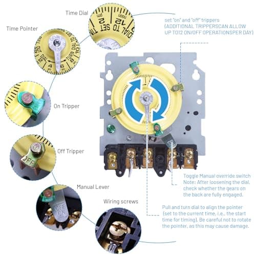 T104M Mechanical Time Switch (Mechanism Only), 208-277V AC 40A DPST, 24-Hour Dial with 12 ON/Off Trips, Heavy-Duty Timer Switch for Pool Pumps Water Heater Lighting and HVAC, with 4 Timer Trippers