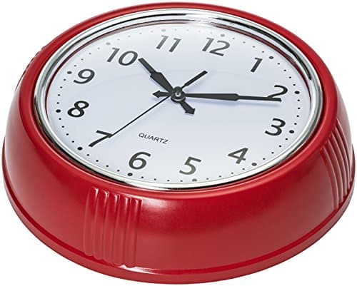Bernhard Products Retro Wall Clock 9.5 Inch Red Kitchen 50's Vintage Design Round Silent Non Ticking Battery Operated Quality Quartz Clock