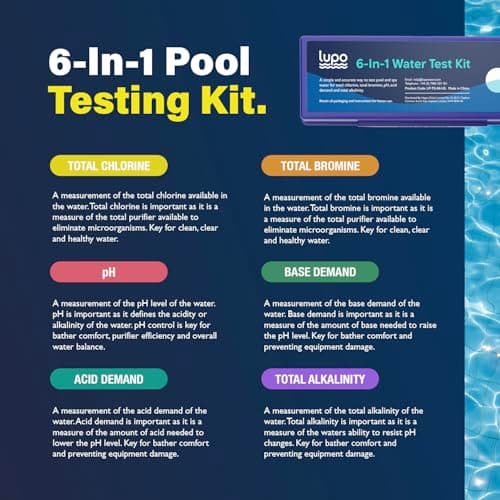 Lupo 6-in-1 Pool Test Kit | Pool Testing Kit for Residential Swimming Pools & Spas for Testing Total Chlorine, Total Bromine, pH, Base Demand, Acid Demand & Total Alkalinity Quick & Accurate Testing